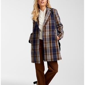 Ichi brown and blue touch of wool check plaid double breasted coat NWT